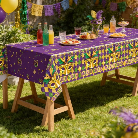 VMWMSSR Mardi Gras Tablecloth 107X54In Waterproof Table Cover With Mask Print Reusable Tablecloth For Carnival Party Decor, Home Dining, Outdoor Events & Holiday Celebration(Purple-107X54In)