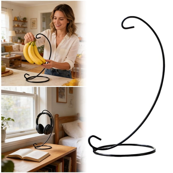VMWMSSR Metal Curved Banana Hanger Rustproof Stand Fruit Holder Anti-Tip Round Base Vertical Countertop Organizer Space Saving For Banana Headphone Small Decor(Black-7.87")