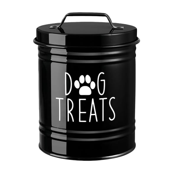 VMWMSSR Metal Dog Treat Storage Canister, Round Airtight Pet Snack Tin Container With Handle, Decorative Pet Food Storage Jar For Countertop Kitchen(Black-6.7")