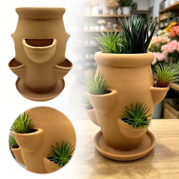 VMWMSSR Multi-Pocket Ceramic Terracotta Pot 5 Pocket Stacked Succulent Planter With Drainage Tray Breathable Flower Container For Indoor Gardening Decor(Khaki-18.5cm)