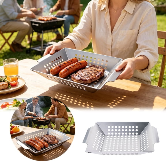 VMWMSSR Perforated BBQ Grill Basket With Side Handles, Multi-Purpose Outdoor Grilling Tray, Universal Portable Barbecue Cooking Basket For Backyard Camping Picnic(Silver-8")