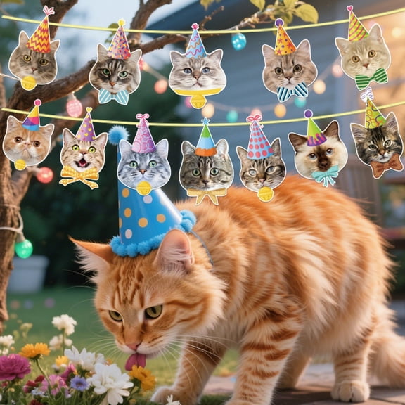 VMWMSSR Pet Cat Birthday Banner Paper Cat Face Party Hat Garland, Cute Kitten Head Bunting Decor For Cat Birthday Party, Kitty Themed Photo Booth Hanging Banner For Pet Party Decor(Grey-15x12cm)