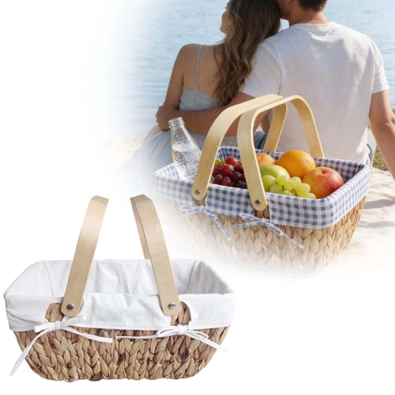 VMWMSSR Picnic Basket With Removable Liner, Portable Handmade Water Hyacinth Basket With Wooden Handles, Empty Gift Baskets For Food Storage Outdoor Adventures White-37.5cm