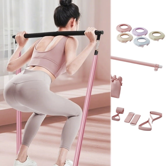VMWMSSR Pilates Bar Exercise Kit Full Body Workout Set Detachable Pilates Stick With Multi Resistance Bands Ankle Straps Door Anchor Portable Home Gym Yoga Training Equipment(Pink-35.43In)