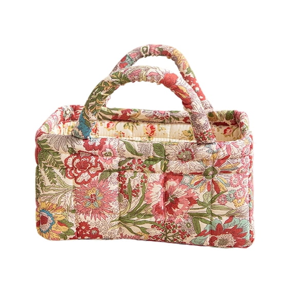 VMWMSSR Quilted Floral Fabric Storage Basket With Dual Handles Decorative Vintage Cloth Storage Bin Portable Organizer For Bedroom Living Room Nursery Countertop Home Decor(Pink-8.66")