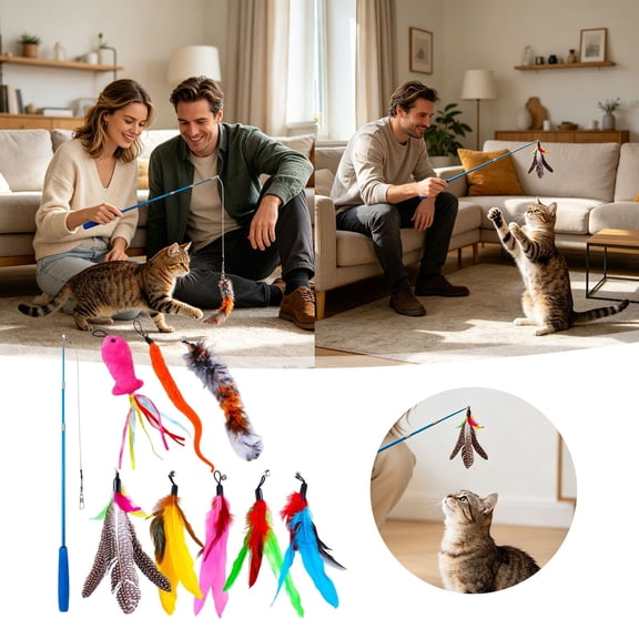 VMWMSSR Retractable Metal Cat Wand Toy With 8 Replaceable Refills, Soft Foam Handle Interactive Feather Fur Kitten Teaser Wand, Multi Color Detachable Cat Exercise Playing Toy(Black-39")
