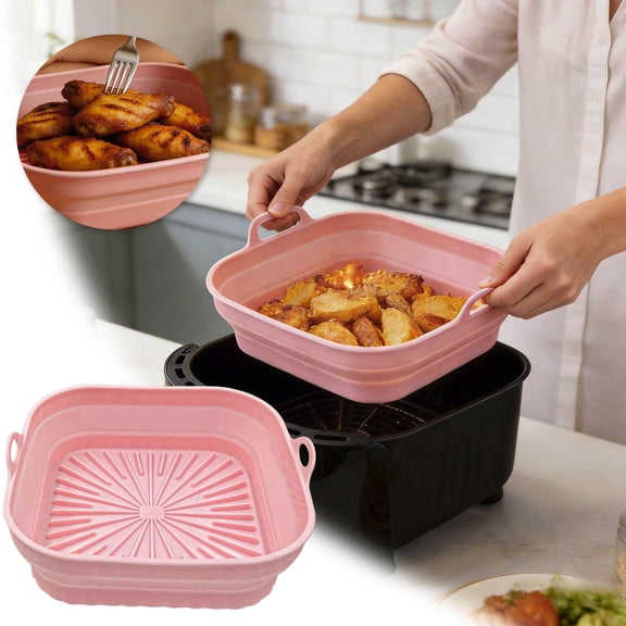 VMWMSSR Reusable Collapsible Silicone Air Fryer Pot, Non-Stick Air Fryer Basket With Handles, Heat-Resistant Liner For Air Fryer Oven And Cooking Pink-21cm