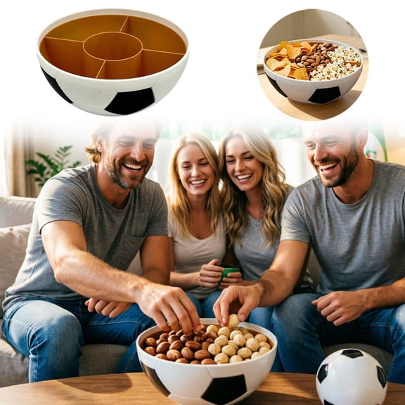 VMWMSSR Soccer Ball Shaped Divided Snack Bowl With Central Cup Holder Football Partitioned Serving Tray Sports Themed Separate Nut Chip Platter For Game Day Party Home Decor(White-8.2")