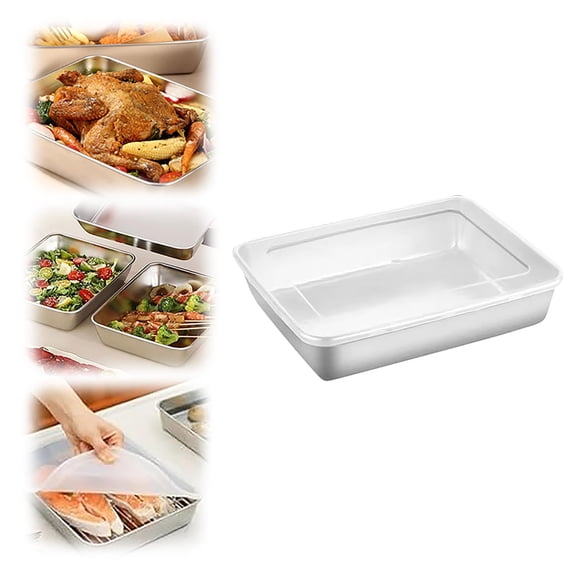 VMWMSSR Stainless Steel Baking Pan, Rectangular Food Storage Tray, Oven-Safe Cake Pan For Baking, Roasting & Meal Prep(Silver With Lid-10.03×7.87×1.97 Inch)