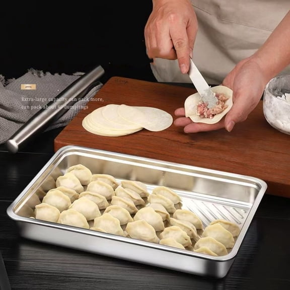 VMWMSSR Stainless Steel Dumpling Storage Container With Lid, Freezer-Safe Stackable Food Tray, Airtight Organizer For Wontons, Frozen Foods & Kitchen Storage Silver-12.99"  9.06"