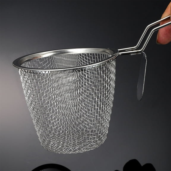 VMWMSSR Stainless Steel Fry Basket With Foldable Hook Handle, High Heat Resistant Fine Mesh Strainer Cup, Universal Barbecue Kitchen Deep Frying Noodle Filter Colander(Silver-4.33")