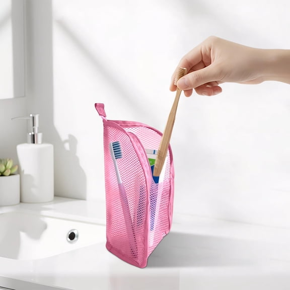 VMWMSSR Travel Toiletry Organizer Bag, Vertical Mesh Hanging Toothpaste Storage Caddy Portable Hook Design Lightweight Outdoor Camping Toiletry Bag For Home Bathroom(Pink-8.66")