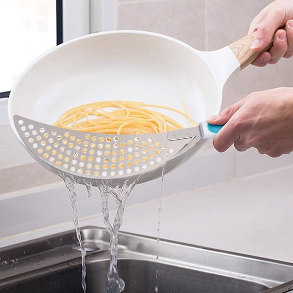 VMWMSSR Universal Pot Strainer with Handle, Stainless Steel Pan Strainer, Anti- Silicone Grip Colander for Draining Pasta, Vegetables & Soups(Green-14.4inch)