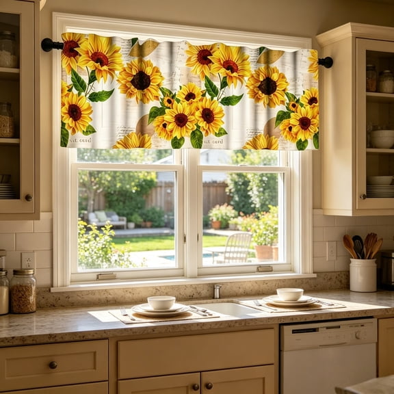 VMWMSSR Vintage Sunflower Print Kitchen Window Valance Curtain Rod Pocket Short Curtain Valance Light Filtering Floral Print Window Topper Curtain For Room Decor(Yellow-53.94x17.72in)