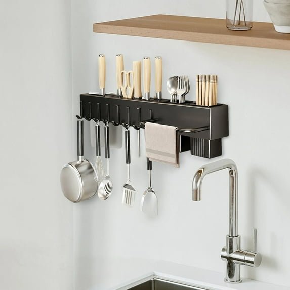 VMWMSSR Wall Mount Stainless Steel Utensil Rack, 19.69Inch Kitchen Utensil Hanger Rack With Hooks & Hanging Rod, Removable & Easy To Clean Kitchen Organizer Black-One Size