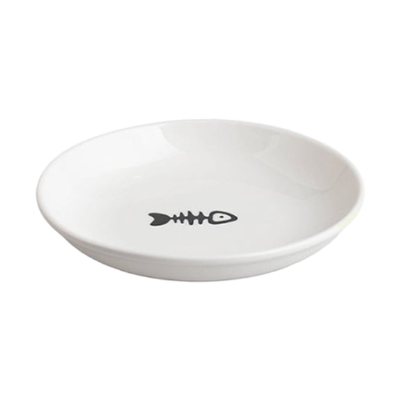 VMWMSSR White Ceramic Pet Food Plate, Non-Slip Silicone Base Shallow Cat Dog Feeding Dish, Cute Fish Bone Print Wide Flat Pet Bowl For Kitten Puppy Wet Food Water Feeding(White1-5.91")