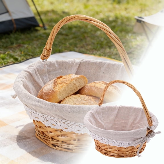 VMWMSSR Wicker Basket With Handle, Handwoven Wicker Picnic Baskets With Red Checkered Liner, Oval Willow Woven Basket For Fruit, Wine, Wedding, Picnic C-26cm