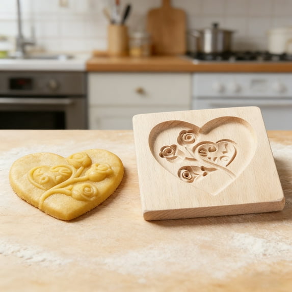 VMWMSSR Wooden Cookie Molds Biscuit Carved Wooden Mould Kitchen Diy Cookie Stamps Cookie Cutter Funny 3D Press Embossing Mold Flower Pattern Baking Tool For Valentine C-10cm x 10cm x 2cm