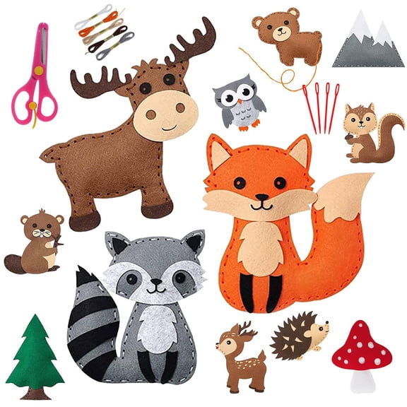 VMWMSSR Woodland Animal Felt Sewing Craft Kit, Pre-Cut Felt Forest Animal Diy Stitching Set With Safety Scissors Thread Stuffing, Beginner Hand Sewing Craft Supplies For Diy Making(White-20cm)