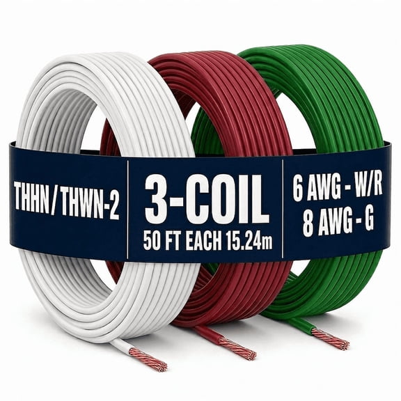 VN Infinite Quality 6 AWG + 8 AWG Gauge THHN Stranded Copper Wire 3-Coil Bundle, White Red Green Ground, 50 ft Each, 3-Wire Set
