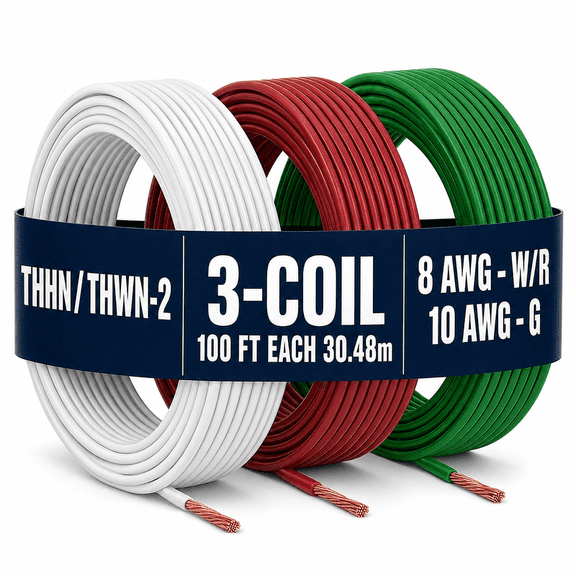 VN Infinite Quality 8 AWG + 10 AWG Gauge THHN Stranded Copper Wire 3-Coil Bundle, White Red Green Ground, 100 ft Each, 3-Wire Set