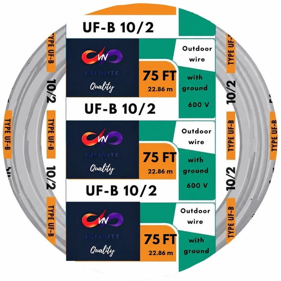 VN Infinite quality 10/2 UF-B Wire 10 Gauge Outdoor Direct Burial Electrical Underground Cable Insulated Jacket Gray 75 FT