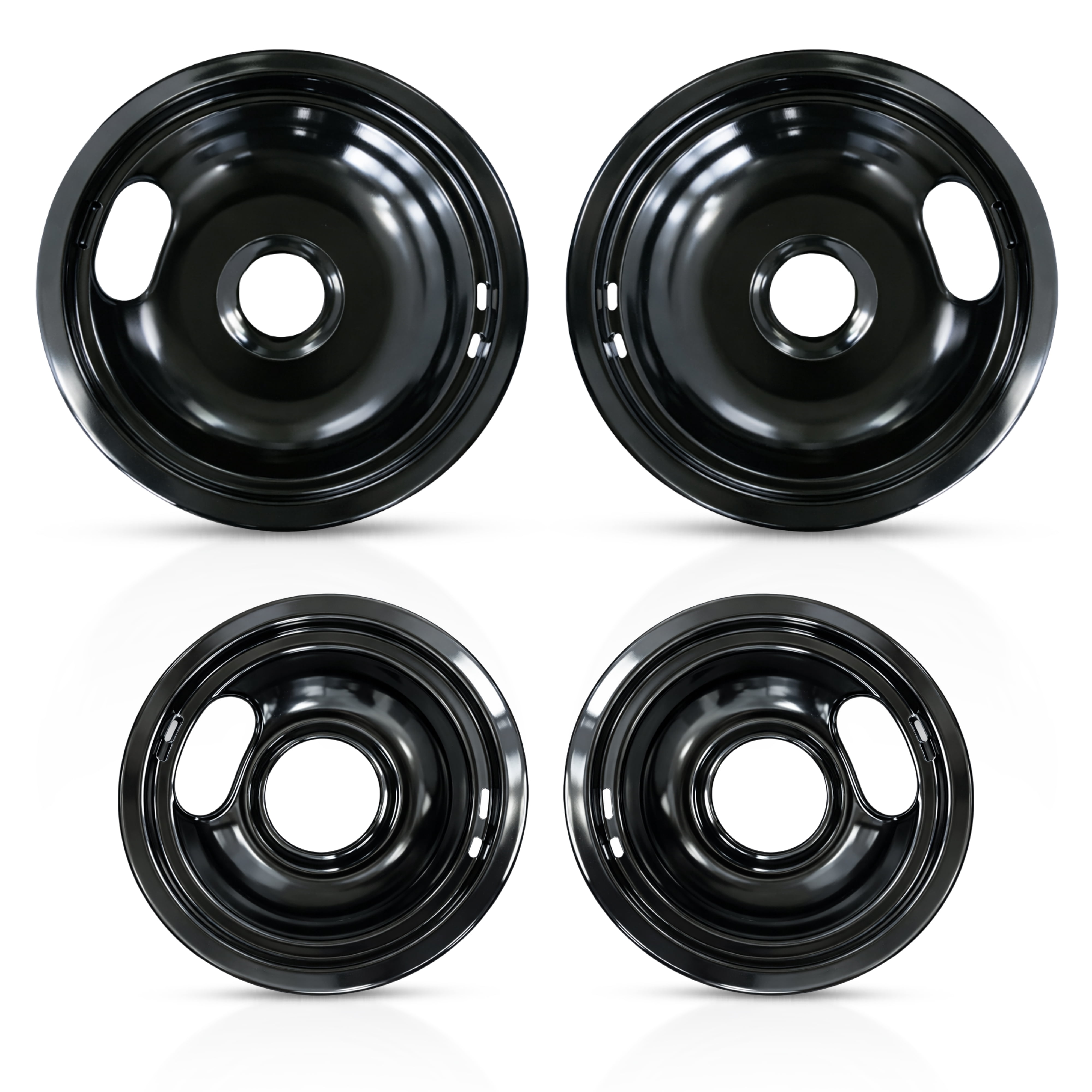 VNAF93 Upgraded Black Porcelain Drip Pans Set 4 Pack 318067041 & 318067051 Replacement for Frigidaire Electric Range Stove Burner for 5304430149, 5304430150 Includes 2 8-Inch and 2 6-Inch Pans
