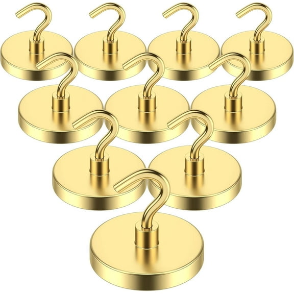VNDUEEY 10 Pack 110 Lbs Gold Magnetic Hooks, Neodymium Magnet Hook Heavy Duty, Strong Magnetic Hanger for Hanging, Rust Proof Gold Magnets with Hooks for Toolbox, Cruise, Grill, Coat and Storage