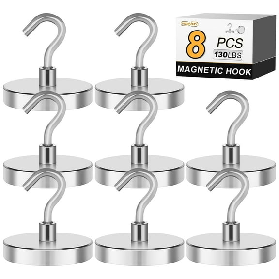 VNDUEEY 130 Lbs Magnetic Hooks, Earth Magnets with Hooks for Cruise Cabins, Magnetic Hooks Heavy Duty for Fridge, Locker Accessories Magnet Hooks for Office, Classroom, Kitchen (Silver, Pack of 8)