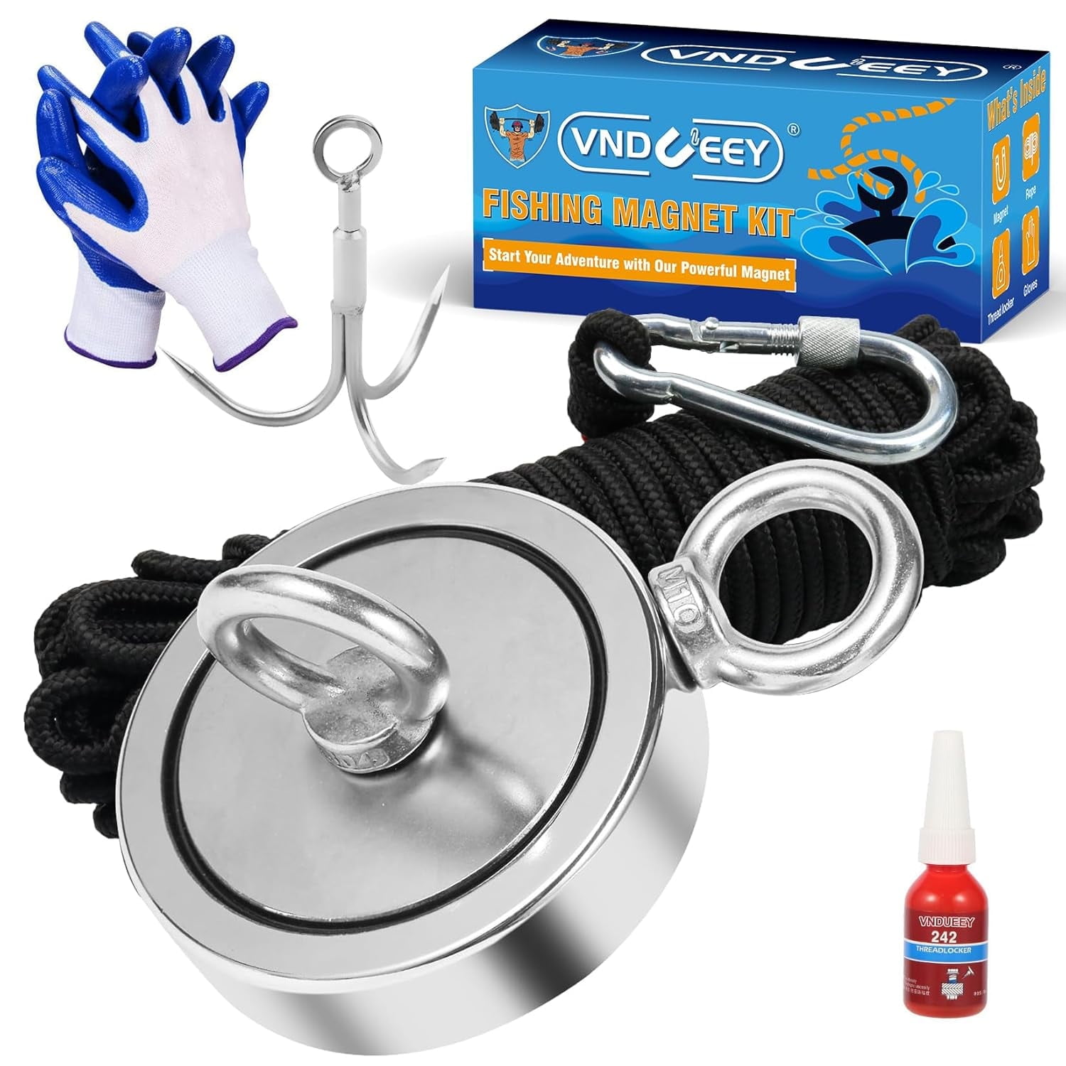 1725 LBS Magnet Fishing Kit, Strong Fishing Magnet Kit - Includes Heavy Duty 65 FT Rope, Grappling Hook, Gloves, Locking Carabiner - Magnetic Fishing for Treasure Hunt - 3.7 inch