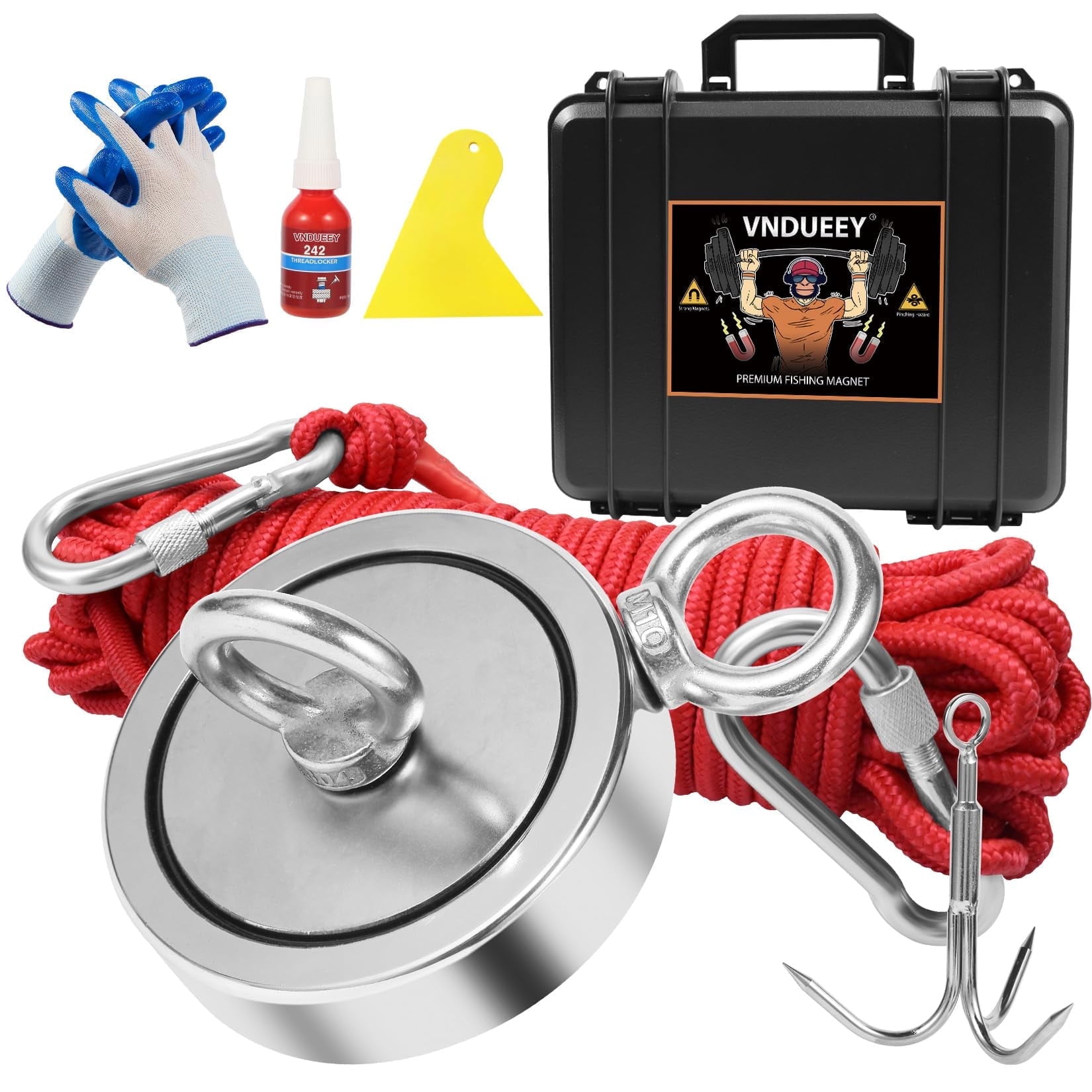 VNDUEEY 1725 Lbs Complete Magnet Fishing Kit, Fishing Magnet Kit with Carry Case, Heavy Duty 65FT Rope, Grappling Hook, Gloves \u0026 Locking Carabiner - Strong Magnet for Treasure Hunt Magnetic Fishing