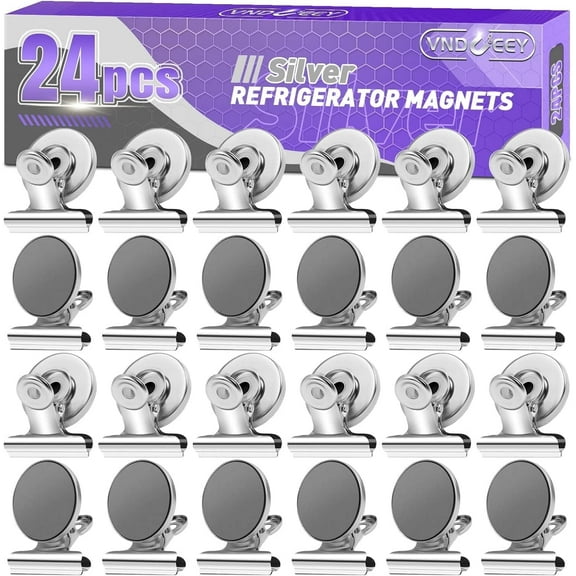 VNDUEEY 24 Pack Strong Magnetic Clips, Fridge Magnets Refrigerator Magnet, Whiteboard Magnets Heavy Duty Magnet Clips for Home, Office, Classroom, Locker, Cruise (Silver)