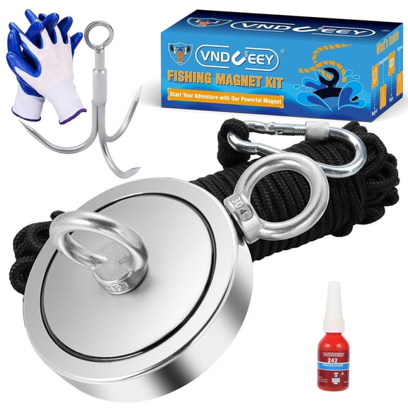 VNDUEEY 2625 LBS Strong Magnet Fishing Kit, Fishing Magnet Kit - Includes Heavy Duty 65 FT Rope, Grappling Hook, Gloves, Locking Carabiner - Magnetic Fishing for Treasure Hunt - 4.57inch