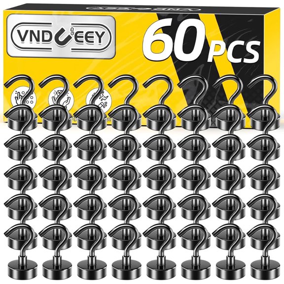 VNDUEEY 60 Pack Black Magnetic Hooks, 25Lbs Strong Magnet Hooks for Hanging, Metal Magnet Hooks Heavy Duty, Magnetic Hook for Home, Office, Classroom and Cruise Cabins