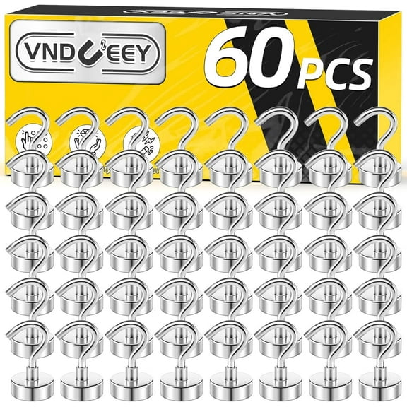 VNDUEEY 60 Pack Strong Magnetic Hooks, 25Lbs Magnet Hooks Heavy Duty, Metal Magnetic Hooks for Hanging, Magnetic Hook for Cruise, Kitchen, Garage, Classroom, and Office