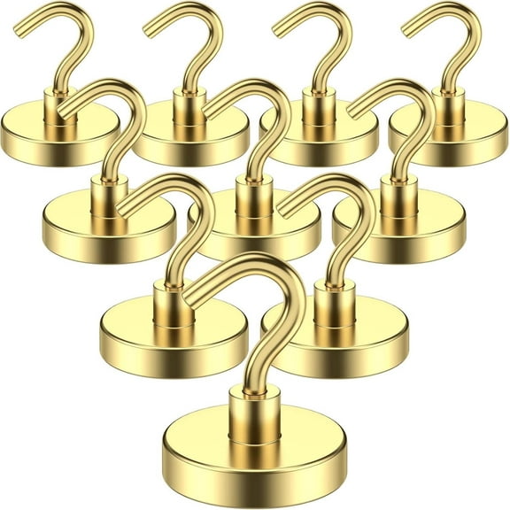 Magnetic Hooks, 80 Lbs Heavy Duty Earth Magnets with Hook for Refrigerator, Extra Strong Cruise Magnet Hooks for Hanging, Rare Magnets with Hooks for Grill, Coat, Curtain (Gold, Pack of 10)