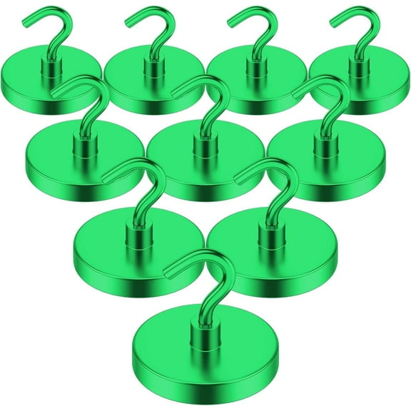 Magnetic Hooks Heavy Duty, 110 Lbs Super Strong Magnets with Hook for Refrigerator, Cruise Must Haves, Neodymium Magnet Metal Hooks for Classroom, Kitchen, Office (Green, Pack of 10)