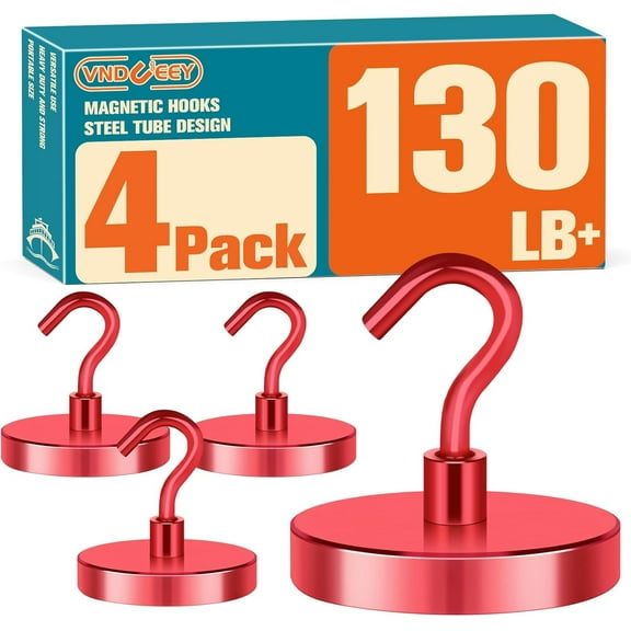 VNDUEEY Magnetic Hooks Heavy Duty, 130 Lbs Strong Magnet with Hooks for Cruise Ship Essentials, Earth Neodymium Magnetic Hooks for Fidge, Powerful Magnet Hooks for Hanging (Red, Pack of 4)