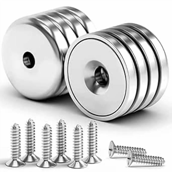 VNDUEEY Neodymium Cup Magnets, Strong Rare Earth Magnets, 60LBS 8 Pack Round Base Disc Magnet Heavy Duty with Countersunk Hole and Stainless Screws for Kitchen, Office, Workplace, Craft