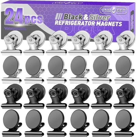 VNDUEEY Refrigerator Magnets, 24 Pack Fridge Magnet Strong Magnetic Clips for Whiteboard, Office, Locker, Photo Displays, Durable Magnet Clips for Fridge(Black&Silver)
