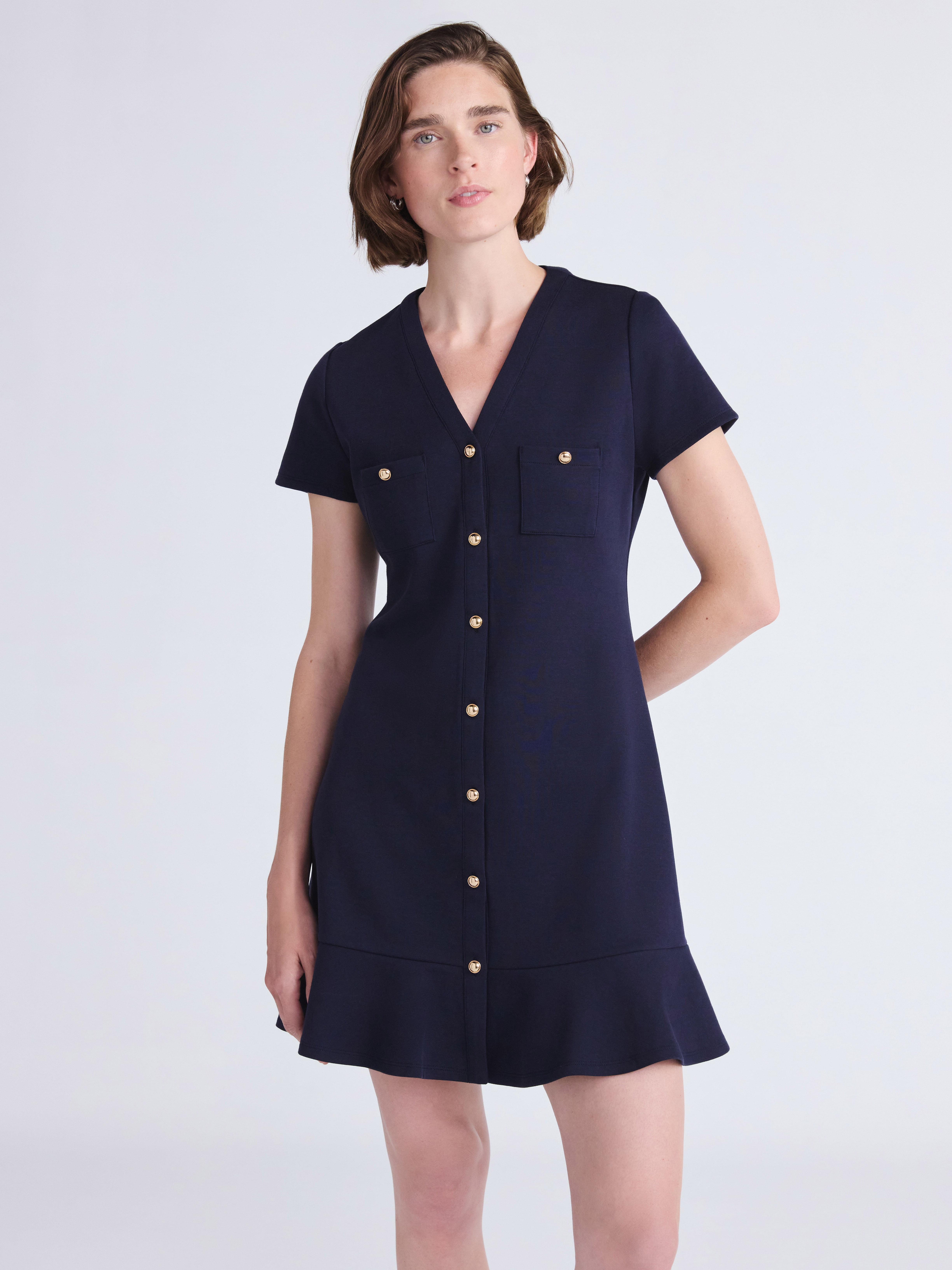 Women's Button Front Mini Dress with Ruffle Hem, Sizes XS-XXL