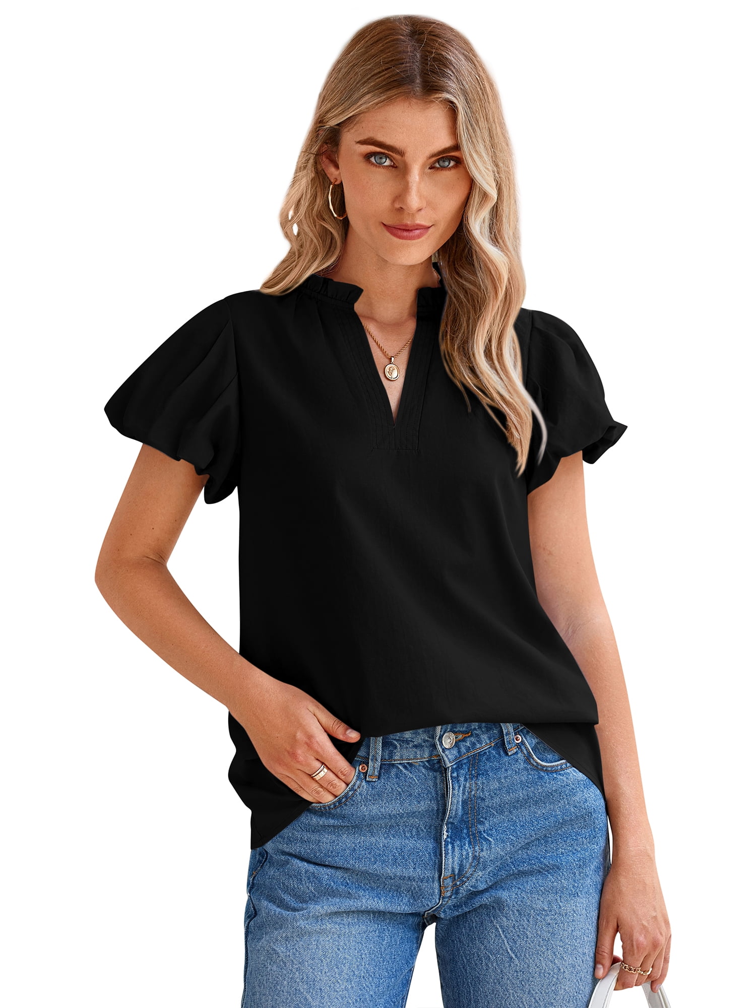Women's Ruffle Neck Top with Puff Sleeves, Sizes S-XXL