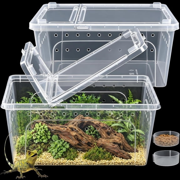 VNEKVA 2 Pack Clear Plastic Critter Keeper 12.6"x8.7"x6", Portable Ventilated Reptile Terrarium with Feeding Bowl, Small Hatch & Transport Container for Snakes, Lizards, Geckos