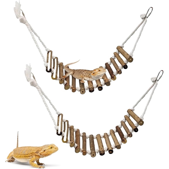 VNEKVA 2 Pack Wooden Reptile Hanging Swing & Climbing Ladder, Terrarium Basking Bridge Habitat Accessories for Geckos, Hermit Crabs, Chameleons, Turtles, Lizards and Frogs