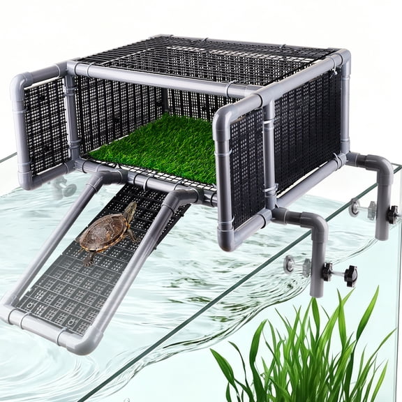 VNEKVA Above Tank Turtle Basking Platform, Elevated Dock with Non-Slip Ramp and Grass Mat, Fits 75 to 125 Gallon Aquariums