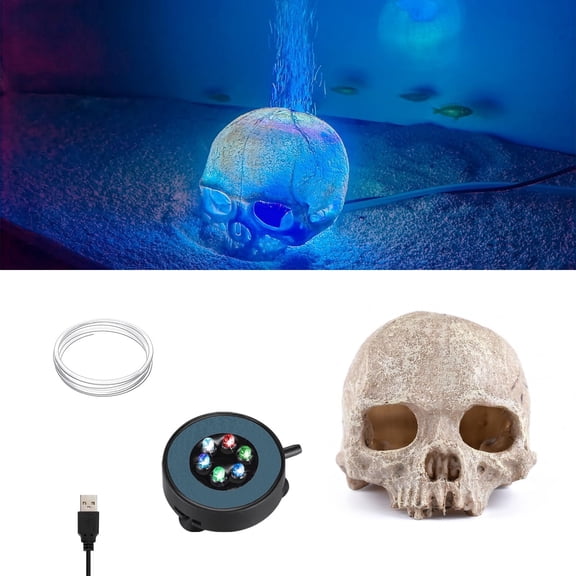 VNEKVA Aquarium Decoration with Air Bubbler & USB LED Light, Skull Fish Tank Ornament, Halloween Décor for Freshwater & Saltwater