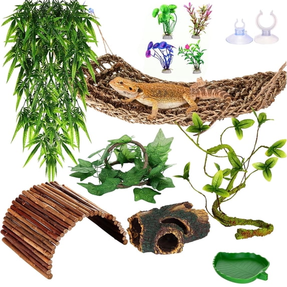 VNEKVA Bearded Dragon Tank Accessories Set, Reptile Bridge Hammock with Vines, Feeding Bowl & Hide Cave