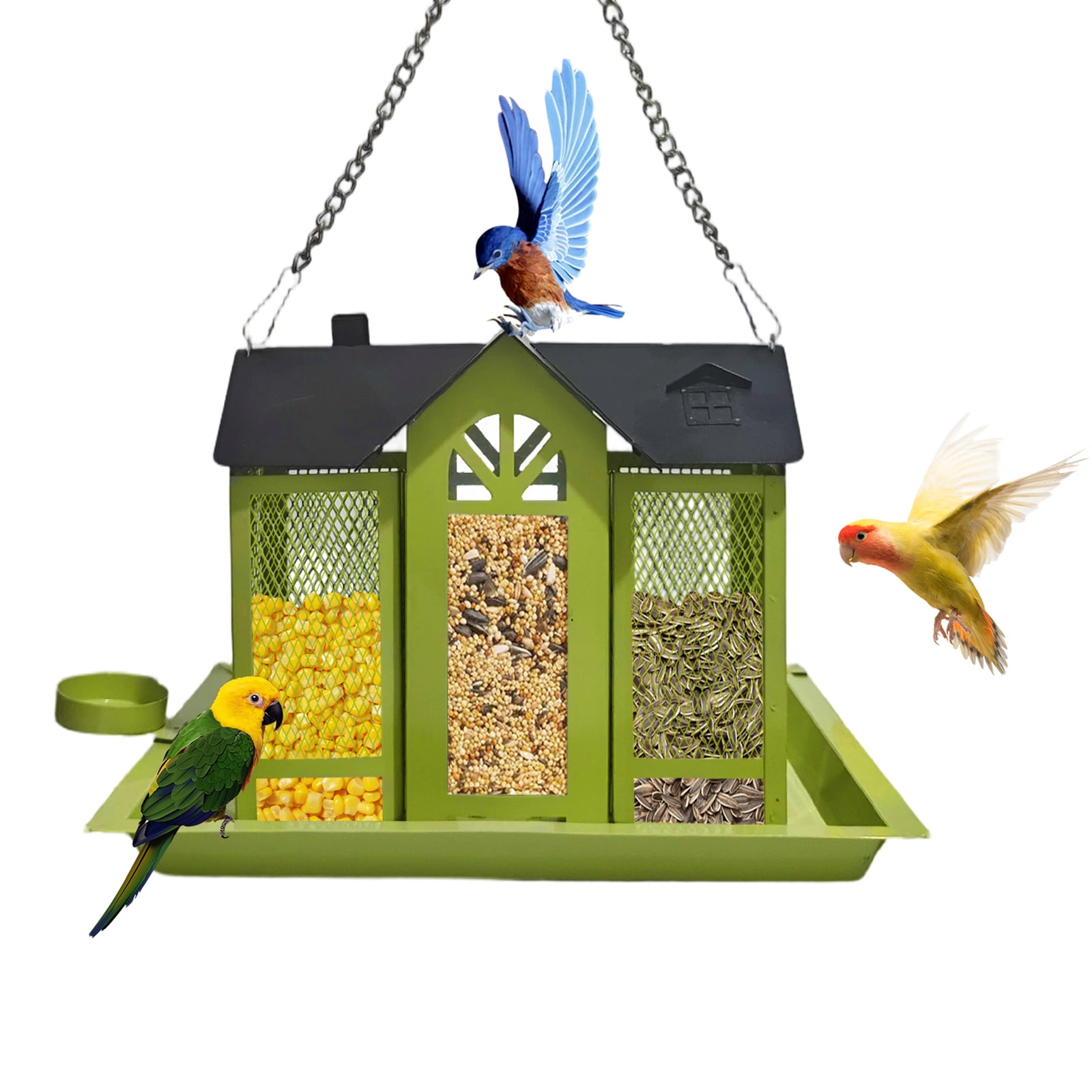VNEKVA Outdoor Metal Mesh Wild Bird Feeder House - Triple Feeding Ports, Large Capacity, Weatherproof & Durable for Finch, Cardinal, Chickadee