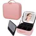 thumbnail image 1 of VNIMTI Travel Makeup Bag with LED Mirror, Makeup Organizer with Lighted Mirror, Portable Cosmetic Bag Jewelry Case Holder, Brush Organizer Storage Box, Adjustable Divider, 3 Color Brightness, Pink, 1 of 7
