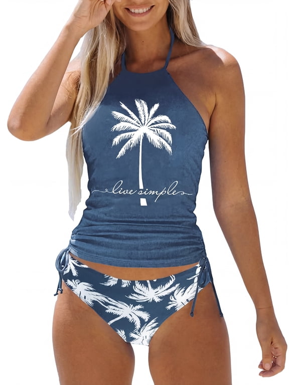 Blue Live Simple womens swimsuits Halter Neck Top Set-B3-Navy Blue,M